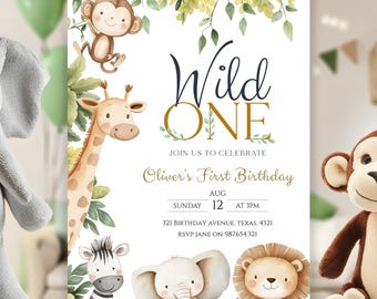 EDITABLE Safari Birthday Invitation, Wild One 1st Birthday Invite, Gold Jungle Animals invitations, Printable template Instant Download