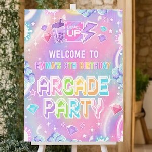 Editable Neon Arcade Birthday Welcome Sign: Girl Gaming Party (Digital Download)