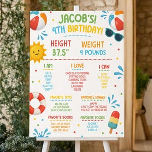May include: A white easel displays a colorful birthday sign for Jacob's 4th birthday. The sign includes beach-themed graphics, a sun, a life preserver, and an ice cream. The sign lists height as 37.5 inches and weight as 4 pounds.