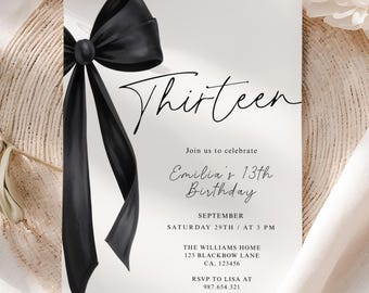 Editable 13th Black Bow Birthday Invitation Template, Minimalist Black Bow Birthday Invite, Black Ribbon Coquette Birthday Party