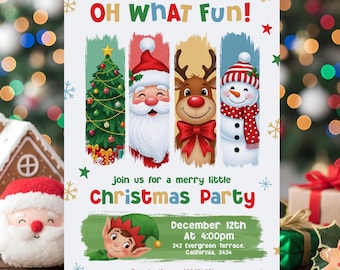 Convite de Natal infantil editável com Papai Noel, rena e boneco de neve.