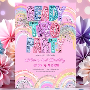 Ready Two Party Invitation Template Girl 2nd Birthday Invite Party Invitation 2 Year Old Girl Second Birthday Rainbow Invite Sequin Glitter