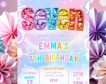 Invitación editable con lentejuelas arcoíris para fiesta de séptimo cumpleaños, parche de letras con purpurina pastel, fiesta de séptimo cumpleaños con brillo neón, HootiePrints GS32