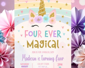 Editable Unicorn 4th Birthday Invitation Four Ever Magical Party Invite Pastel Fourth Birthday Template, four ever magical