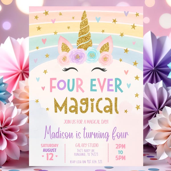 Editable Unicorn 4th Birthday Invitation Four Ever Magical Party Invite Pastel Fourth Birthday Template, four ever magical