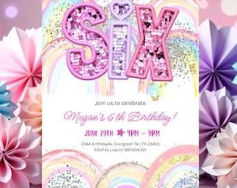 Invitación de sexto cumpleaños para niña, editable, con lentejuelas arcoíris y purpurina, plantilla imprimible para fiesta de niñas, invitación de cumpleaños rosa, HootiePrints GS32