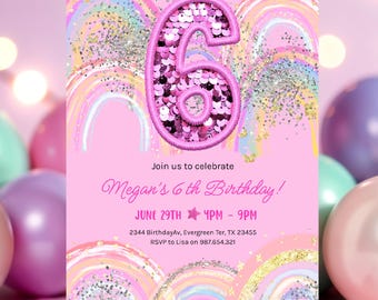 Invitación de sexto cumpleaños para niña, editable, con lentejuelas arcoíris y purpurina, plantilla imprimible para fiesta de niñas, invitación de cumpleaños rosa, HootiePrints GS32