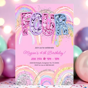 4th Birthday Invitation Girl Editable Rainbow Sequin Glitter Invite Printable Template Girls Party, Pink Birthday Invite HootiePrints GS32