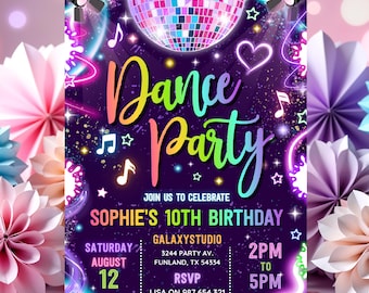 Editable Dance Party Invitation Neon Glow Disco Dance Party Invitation Neon Glow Disco Party Neon Disco Dance Party Instant Download