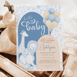 Blue Toile Safari Baby Shower Invitation, Safari Animal Baby Boy Shower Digital Invite, Toile de Jouy Baby Shower Invite Dusty Blue Safari