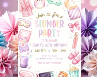 Zaproszenie na imprezę urodzinową Slumber Party, edytowalne, różowe zaproszenie na nocowanie