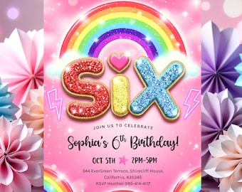 Invito per il 6° compleanno di una ragazza, modello stampabile modificabile con paillettes arcobaleno e glitter per la festa delle ragazze HootiePrints RB62