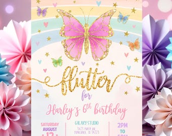 Faire-part d'anniversaire papillon - Invitation florale arc-en-ciel de jardin, design fantaisiste, téléchargement immédiat