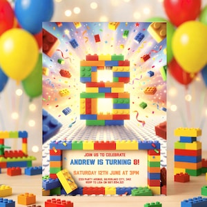Può includere: Un invito di compleanno colorato con un numero 8 fatto di mattoncini. L'invito include il testo "JOIN US TO CELEBRATE ANDREW IS TURNING 8!" con data, ora e luogo. Palloncini e coriandoli completano il tema festoso.