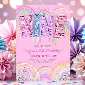 Invitación de noveno cumpleaños para niña, editable, con lentejuelas arcoíris y purpurina, plantilla imprimible para fiesta de niñas, HootiePrints GS32