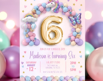 6th Unicorn Birthday Invitation Girl, Pastel Rainbow Digital Printable Birthday Invite, Magical Vibe Unicorn Invitation