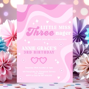 Kleine Miss Threenager Einladung 3.Geburtstags-Einladung Mädchen 3.Geburtstag einladen Dreinage Traum Pastel Pink Boho Daisy Geburtstag Canvas