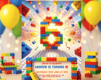 Invitación de bloques de construcción para sexto cumpleaños: invitación editable para fiesta infantil (descarga digital) lG33