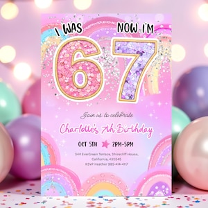 I was 6 Now I'm 7 Birthday Invitation Rainbow Pastel 6-7 7th Party invite HootiePrints GS32