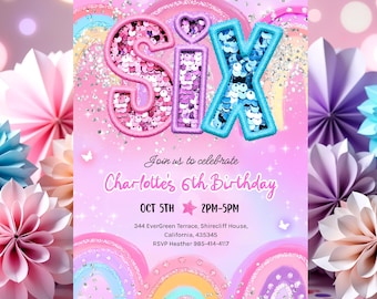 Invito per il 6° compleanno di una ragazza, modello stampabile con paillettes arcobaleno e glitter per la festa di una ragazza, invito di compleanno rosa per ragazze HootiePrints GS32