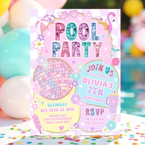 Pool-Party Einladung, Preppy Geburtstagseinladung, Sommer-Swim-Party-Vorlage, Retro Girly Pool Bash, 7. Geburtstag-Download HootiePrints GS32