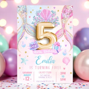 Redigerbar sjöjungfru 5-årsdagsinbjudan, femåring, sjöjungfrufest under havet födelsedagsinbjudan, sjöjungfruinbjudningar HootiePrints