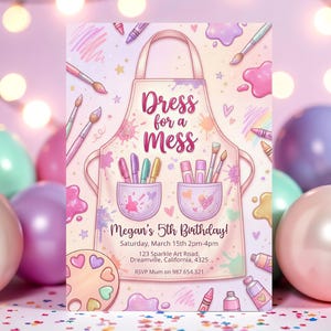 open lace back dress Art Birthday Party Invitation Editable Template, Dress for a Mess Pain –  Puff Paper Co main image 1