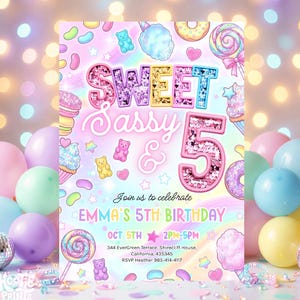 5th Sweet Sassy and Five Birthday Invitation Girl Editable Rainbow Sequin Glitter Invite Printable Template for Girls Party
