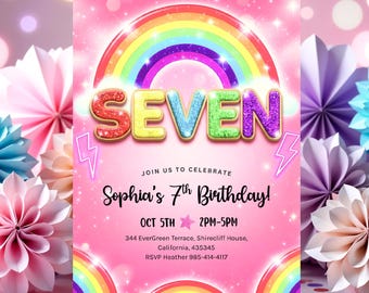 Invitación de séptimo cumpleaños para niña, editable, con lentejuelas arcoíris y purpurina, plantilla imprimible para fiesta de niñas, HootiePrints RB62