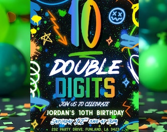 Plantilla editable de invitación de cumpleaños número 10 con temática de graffiti y temática neón