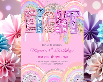 8th Birthday Invitation Girl Editable Rainbow Sequin Glitter Invite Printable Template Girls Party, Pink Birthday Invite HootiePrints GS32
