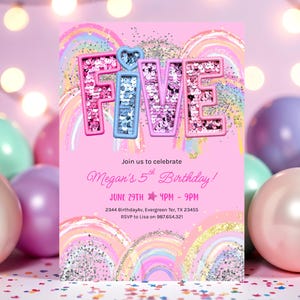 5th Birthday Invitation Girl Editable Rainbow Sequin Glitter Invite Printable Template for Girls Party, Girls Pink Birthday Invite GS32