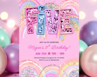 5th Birthday Invitation Girl Editable Rainbow Sequin Glitter Invite Printable Template for Girls Party, Girls Pink Birthday Invite GS32