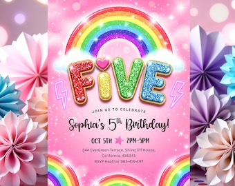 Invitación de cumpleaños para niña, editable, con lentejuelas arcoíris y purpurina, plantilla imprimible para fiesta de niñas, HootiePrints RB62