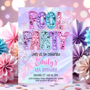 Girl Pool Party Invitation: Rainbow Glitter, Editable Text (Digital Download, 5x7") HootiePrints GS32