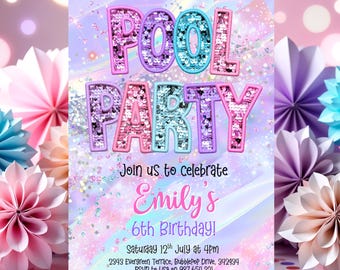 Girl Pool Party Invitation: Rainbow Glitter, Editable Text (Digital Download, 5x7") HootiePrints GS32