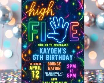 Invitación editable para fiesta de cumpleaños de High Five con brillo de neón, High Five, Hi Five, fiesta de quinto cumpleaños para niños, descarga instantánea.