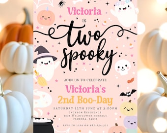 Editable Two Spooky Pink Girls Halloween Ghost 2nd Birthday Invitation, Boho Groovy Spooky Party Invite, Instant Download Halloween TB34