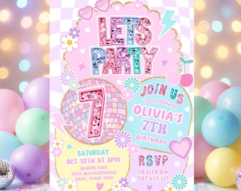 Preppy Varsity 7th Birthday Invitation, Pastel Groovy Party Invite, Glitter Disco Girl Invitation, Editable Template Download
