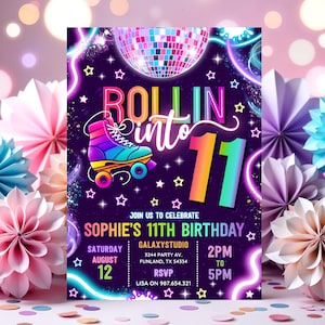 Roller Skating Party Invite, Neon 11th Birthday, Glow Roller Disco Invitation, Skating Rink Digital, Editable Canva Template GS33