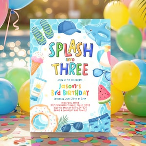 May include: A vibrant invitation for a third birthday celebration, themed around a pool party. The design includes illustrations of a shark inflatable, ice cream, sunglasses, and watermelon. The text reads "Splash into Three" with party details.