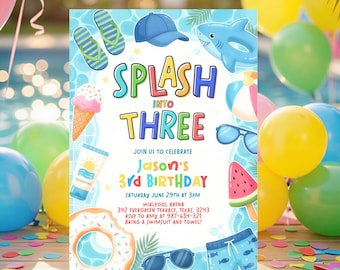 Splash Into Three 3rd Birthday Pool Party Invitation, Boys Pool Party Invite, Editable Summer Swim Birthday, Dive Into Three Template