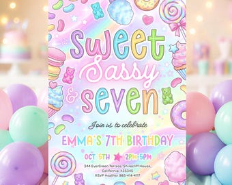 EDYTOWALNE zaproszenie na przyjęcie urodzinowe Sweet Sassy And Seven, neonowy, świecący szablon na przyjęcie urodzinowe Sweet And Sassy z okazji 7. urodzin do natychmiastowego pobrania