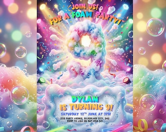 9th Birthday Foam Party Invitation, Rainbow Foam Birthday Party Invite, Water Summer Party, Editable Template, Instant Download, Printable