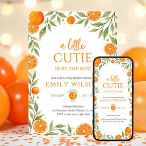 Editable Little Cutie Baby Shower Invitation, Orange Baby Shower Invite, Gender Neutral Orange Citrus Baby Shower Invite image 1