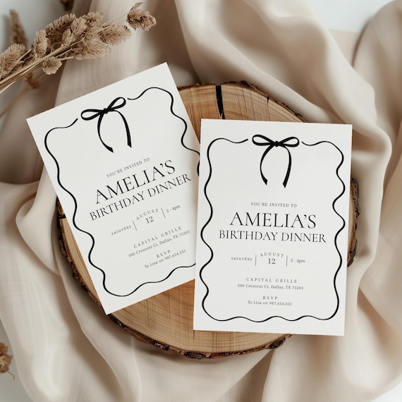 Classy Birthday Invitation Black Bow Birthday Invitation Black and White Birthday Invitations 30th Birthday Dinner Party Invite Digital
