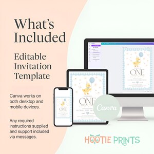 May include: An editable invitation template displayed on a smartphone, tablet, and computer screen. The invitation features a yellow duck holding a blue balloon, with the text "ONE" and "Georgia's 1st Birthday". The Canva logo is also visible.