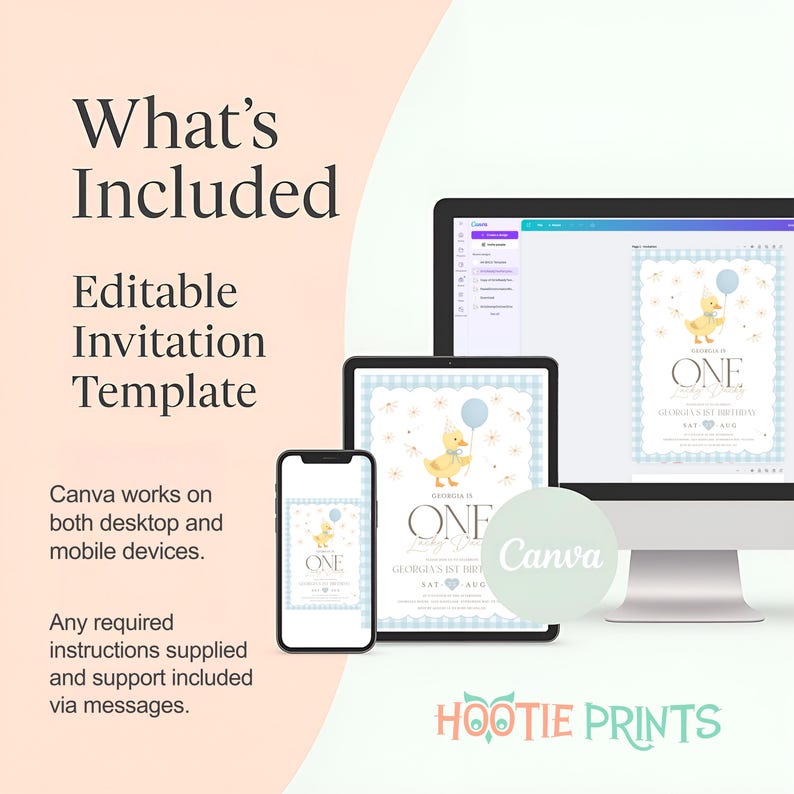 May include: An editable invitation template displayed on a smartphone, tablet, and computer screen. The invitation features a yellow duck holding a blue balloon, with the text "ONE" and "Georgia's 1st Birthday". The Canva logo is also visible.