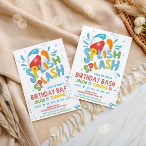 May include: Two colorful invitations for a birthday party with the text "Splish Splash Birthday Bash" and a beach ball graphic. The text on the invitation says "Jacob is turning 5!" and includes the date, time, and location of the party.