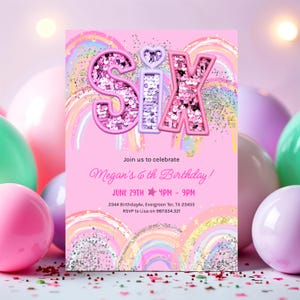 6th Birthday Invitation Girl Editable Rainbow Sequin Glitter Invite Printable Template for Girls Party, Girls Pink Birthday Invite